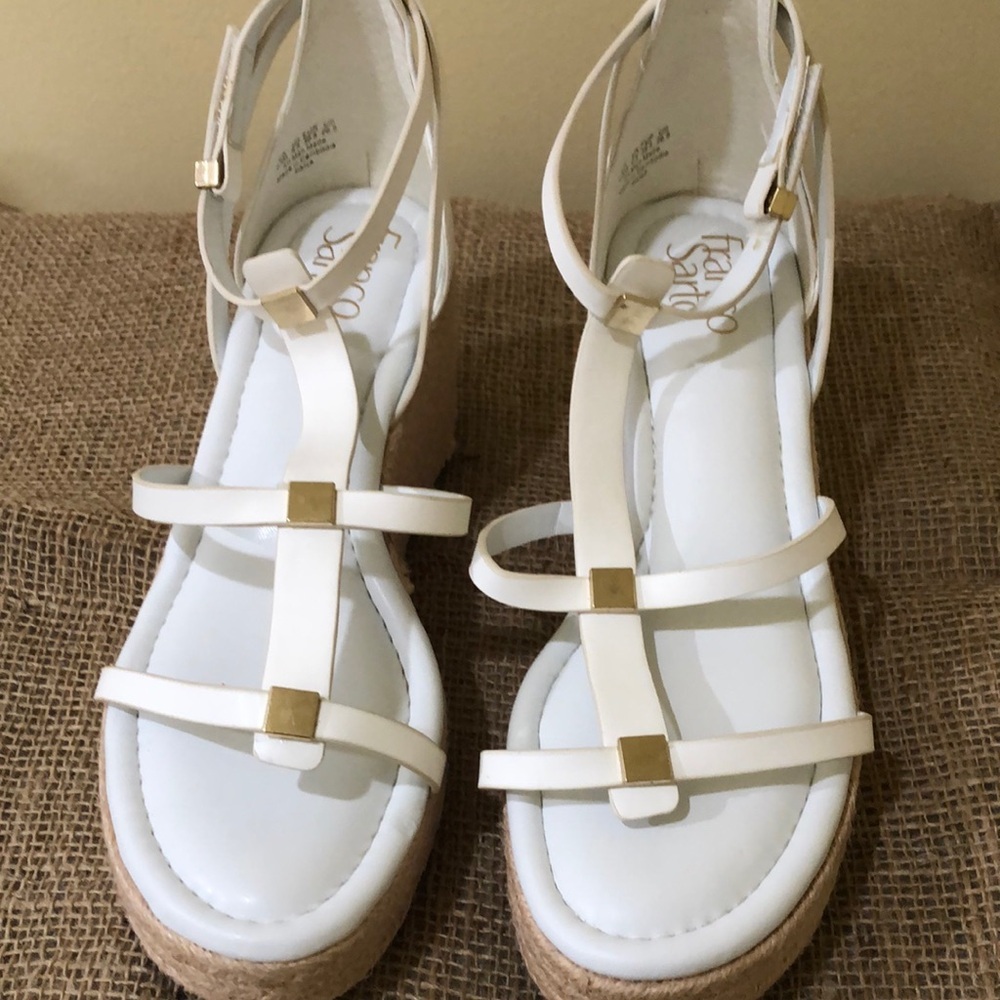 Franco Sarto White Wedge Sandals with Geometric Straps